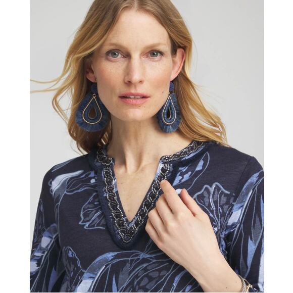 Chico's Linen Floral Embellished Tunic Blue Plus Sz. XL / 16 Chicos Lightweight - Picture 4 of 9